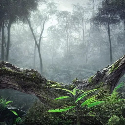 Prompt: A realistic detailed photo of a futuristic jungle, alien plants, grey sky, hidden animals, some fallen trees, foggy landscape, light particles, detailed light, realistic shaders, trending on artisation, detailed textures, detailed, realistic