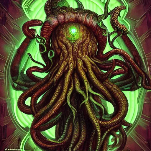 Prompt: cthulhu in culture capsule, bio chemical illustration, hyperealistic detailed photography, divinity, awful, religious art, sci - fi, green light