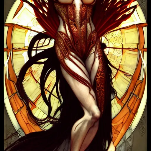 Image similar to 3/4 body portrait of the firedragon queen by artgerm and H R Giger and alphonse mucha, HD, full body dragon concept, flying dragon, Human body with dragon features, beautiful queen, perfect face, perfect body, 10/10 would dream again, fantasy, intricate, elegant, highly detailed, digital painting, artstation, concept art, smooth, sharp focus, illustration, ray tracing, 4k realistic 3d rendered portrait, soft shading, soft colors, relaxed colors, hyperdetailed, wide angle lens, fantasy, futuristic horror, armor style of giger