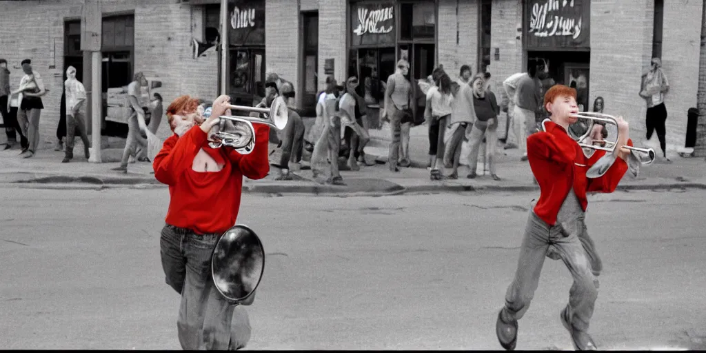 Image similar to a fiery redhead teen plays the trombone in the streets of a kansas city in 1990