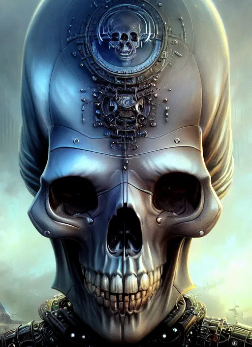 Image similar to closeup portrait shot of a cyberpunk skull in a scenic dystopian environment, intricate, elegant, highly detailed, centered, digital painting, artstation, concept art, smooth, sharp focus, illustration, artgerm, tomasz alen kopera, peter mohrbacher, donato giancola, joseph christian leyendecker, wlop, boris vallejo