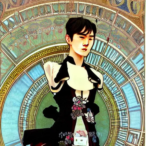 Image similar to full body painting of grumpy handsome thin beautiful young man in his 2 0 s named min - jun in a french female maid outfit, modern clothing, elegant, clear, painting, stylized, sharp facial features, soft but grumpy, highly detailed, art, art by alphonse mucha