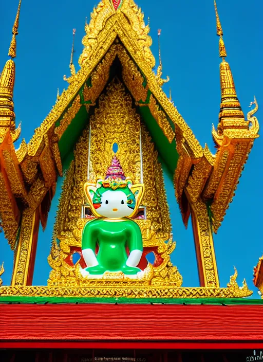 Image similar to emerald buddha temple designed by hello kitty, high lights, 4 k, high detailed photography, 5 0 mm lens, depth of field, cinematic