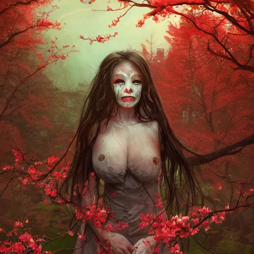 Prompt: a nature portrait of a p - zombie!!! lots of leaves and roots and cherry blossoms. natural lighting art dawn. highly detailed. colourful. moody. artstation, 4 k, horror, by gerald brom and ansel adams and studio ghibli, horror!!!, sakura flowers, lovely
