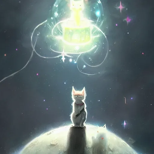 Image similar to a single cartoonish kitten dressed as Gandalf floating in space, bright stars, anime, a fantasy digital painting by Greg Rutkowski and James Gurney, trending on Artstation, highly detailed