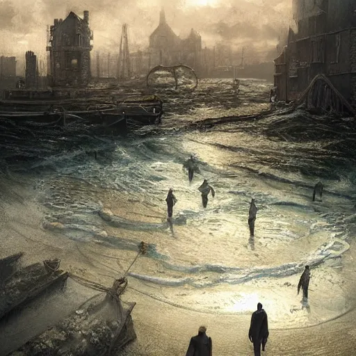 Image similar to shadow over innsmouth, people walking out of the water, painted by seb mckinnon, high detail, dramatic light, digital art, painted by greg rutkowski, promotional movie posterart, trending on artstation