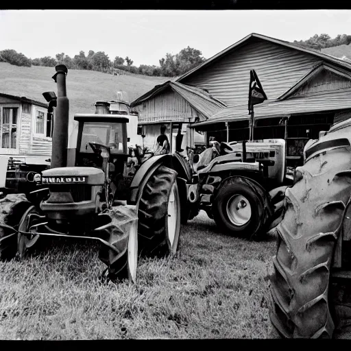 Image similar to a tractor surrounded by angry hillbillies, photograph, intense scene, dramatic