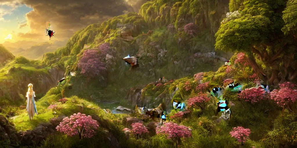 Image similar to an elegant winged fairy in the lord of the rings scenery landscape, looking out at a vast lush valley flowers and homes made of mushrooms, stream, sunrise, god's rays highly detailed, vivid color, cinematic lighting, perfect composition, 8 k, gustave dore, derek zabrocki, greg rutkowski, belsinski, octane render