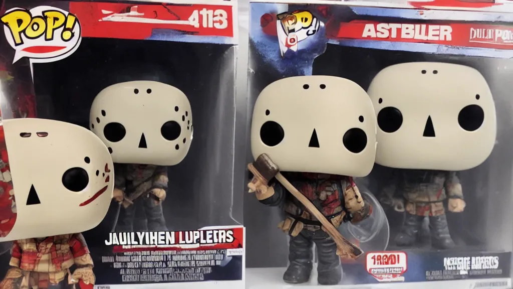 Prompt: a Funko Pop Collectible of Jason Voorhees. Wearing hockey mask, holding axe.