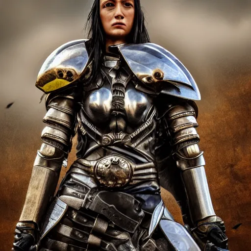 Image similar to female warrior with metal falcon armour, highly detailed, 4k, HDR, smooth, sharp focus, hyper realistic, high resolution