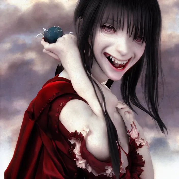 Image similar to renaissance portrait of the secretive vampire girl loner smiling at her next victim, by katsuhiro otomo, yoshitaka amano, nico tanigawa, and artgerm rendered with 3 d effect.