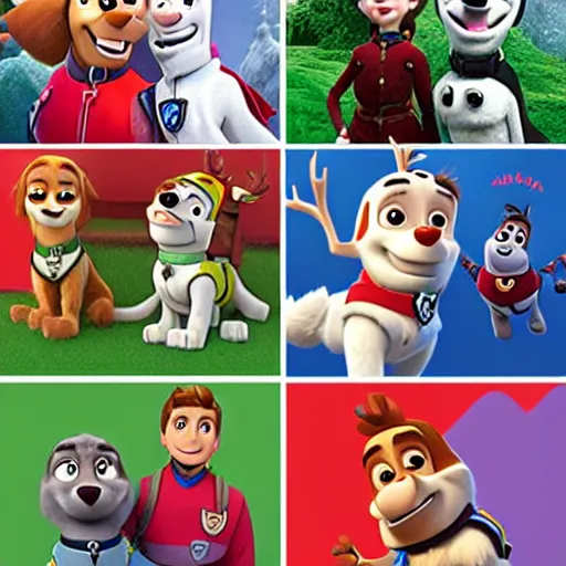 Prompt: paw patrol as real life human characters in the movie frozen, furry, photorealistic, cinematic, 3 5 mm