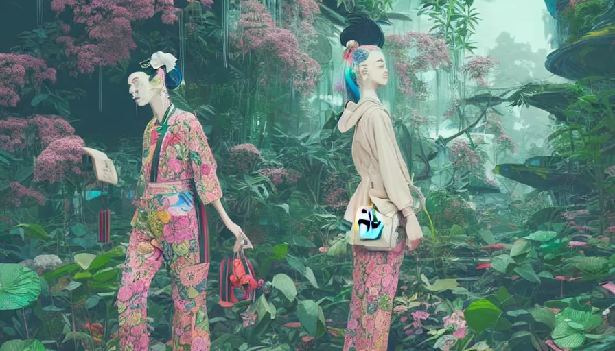 Image similar to a digital painting of a woman wearing gucci exploring a magical japanese temple, lush plants and flowers, eco - cyberpunk art by james jean, cgsociety, retrofuturism, anime aesthetic, chromatic, iridescent, uhd