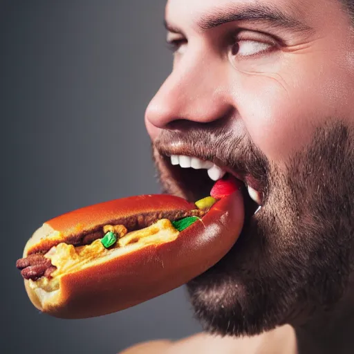 Prompt: realistic photo of a man eating a hotdog, the hotdog is screaming, close up, 65mm, photorealistic