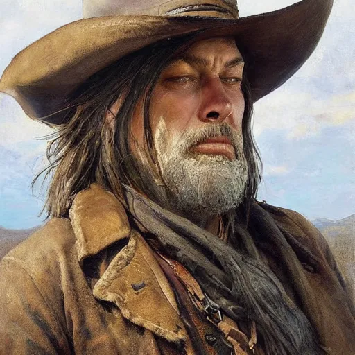 Image similar to Solomon Joseph Solomon and Richard Schmid and Jeremy Lipking victorian genre painting portrait painting of David Gilmour a rugged cowboy gunfighter old west character in fantasy costume, rust background