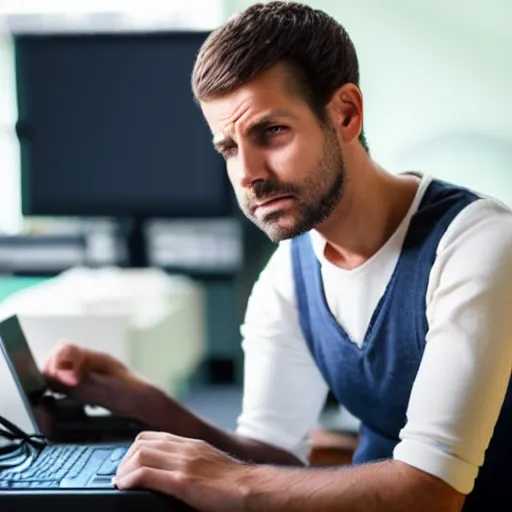 Image similar to annoyed man waiting for a friend in front of a computer