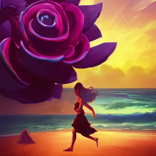 Image similar to portrait, giant rose flower head, woman running at the beach, surreal photography, sunrise, blue sky, dramatic light, impressionist painting, digital painting, artstation, simon stalenhag