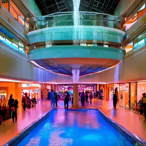 Prompt: A vast 80s shopping mall interior with an enormous water feature, water fountain, water falls, photo taken at night, neon pillars, large crowd