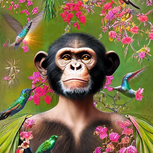 Image similar to beautiful young female chimpanzee surrounded by hummingbirds and fine floral ornaments, eye - level medium - angle shot, intricate, floral background, by esao andrews, by m. w. kaluta, by yoshita amano, intricate, symmetrical, natural lighting, smooth, 3 d octane render, depth perception, 4 k,, artstation