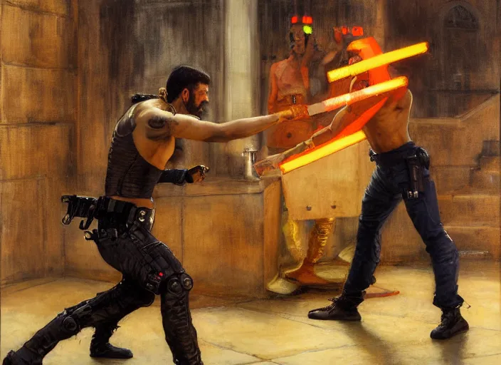 Prompt: Javier fights sgt Nash. Cyberpunk kickboxer in orange jumpsuit fighting menacing police troopers (blade runner 2049). attractive face. Epic painting by john william waterhouse and Edwin Longsden Long and Theodore Ralli and Nasreddine Dinet, oil on canvas. Cinematic, hyper realism, realistic proportions, dramatic lighting, high detail 4k