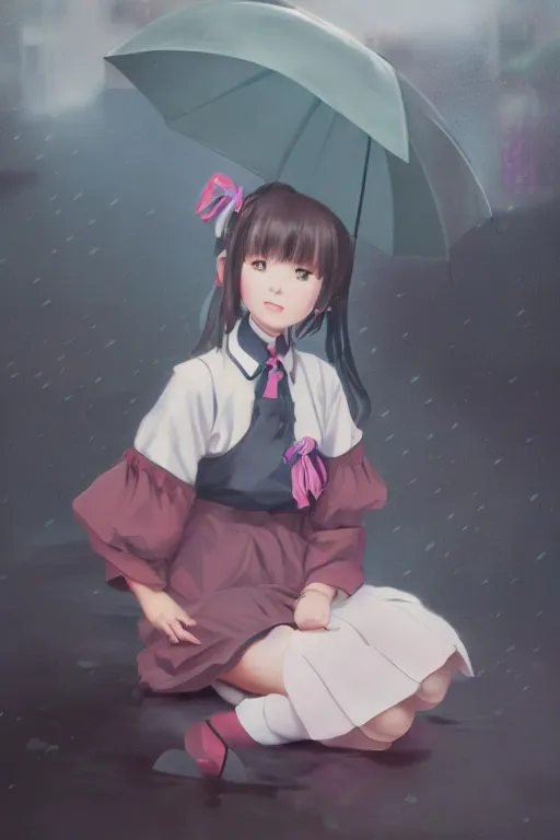 Image similar to art by D. Jun portrait a stern schoolgirl in Japanese maid's clothes and long stockings sits on a wet Japanese street in the at night, trending on artstation, anime vintage colors, polaroid, foggy, volumetric light, cinematic render, oil painting