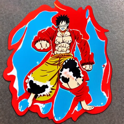 Image similar to die cut sticker, luffy gear 4, splatter paint on paper