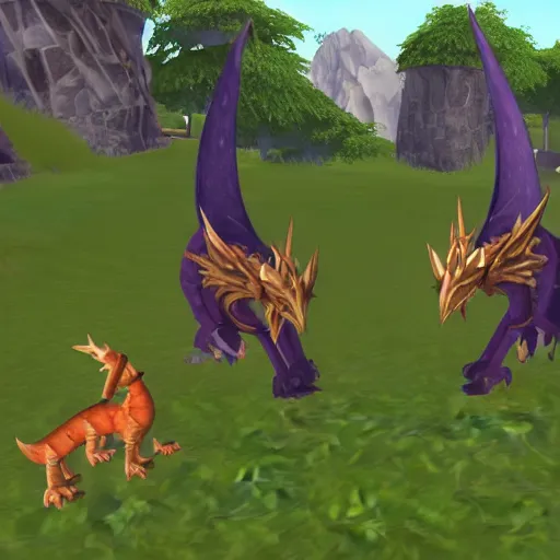 Prompt: a screenshot from runescape with two magical dragons perched on top of lumbridge