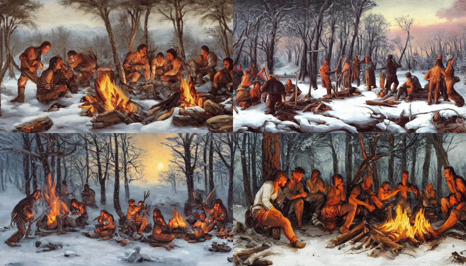 Prompt: prehistoric men huddled around a fire on a snowy night in the forest, romantic academic painting