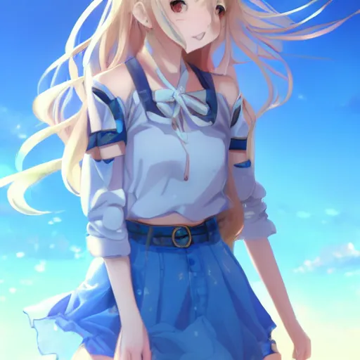 Image similar to a very beautiful anime cute girl, full body, long wavy blond hair, sky blue eyes, full round face, short smile, fancy top, miniskirt, front view, medium shot, mid-shot, highly detailed, cinematic wallpaper by Stanley Artgerm Lau