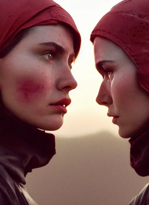 Image similar to cinestill 5 0 d photographic portrait of two loving female androids wearing rugged black techwear on a desolate plain with a red sky, extreme closeup, cyberpunk style, dust storm, 8 k, hd, high resolution, 3 5 mm, f / 3 2, ultra realistic faces, ex machina