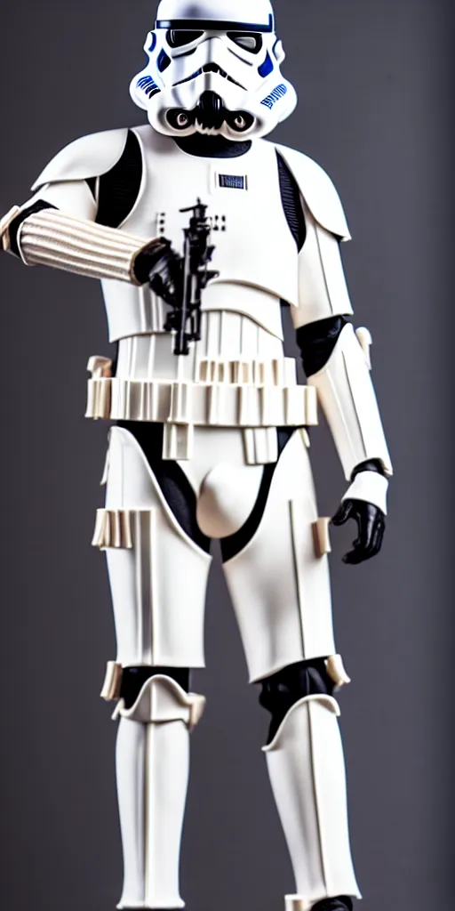 Image similar to Realistic fashion photoshoot of a Stormtrooper, commercial, studio lighting, 50 mm lens, flash photography, 8K, highly detailed, leica, medium format