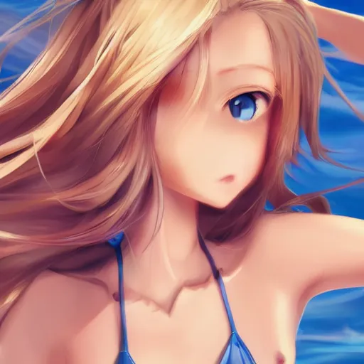 Image similar to a very beautiful young anime skater girl, full body, long wavy blond hair, sky blue eyes, full round face,, bikini, miniskirt, front view, mid - shot, highly detailed, cinematic wallpaper by stanley artgerm lau
