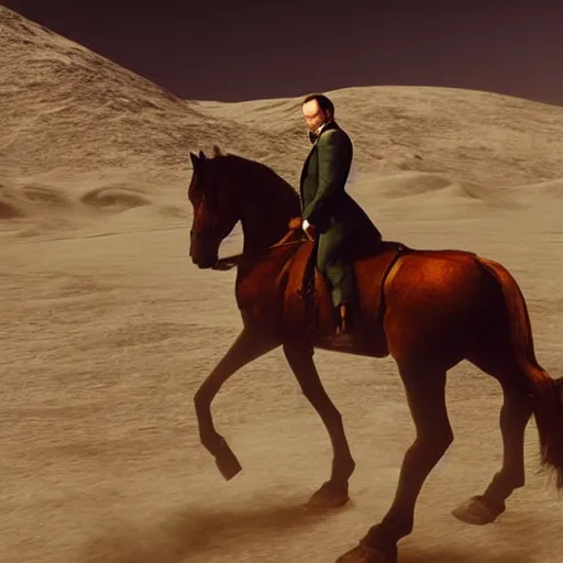 Image similar to real vintage photo, agent smith from the matrix riding a horse on moon, detailed, hyper realistic, 4 k octan render, unreal 5