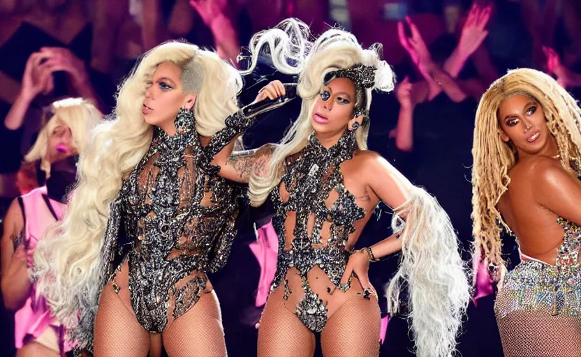 Image similar to Lady gaga and Beyonce perfom together at a concert, EOS 5D, ISO100, f/8, 1/125, 84mm, RAW Dual Pixel, Dolby Vision, HDR, AP, Featured