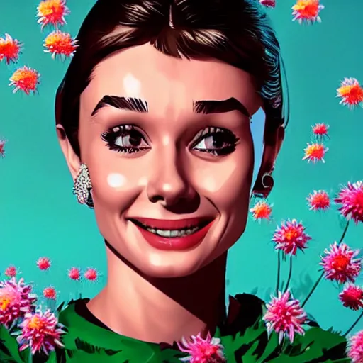 Image similar to portrait of young audrey hepburn smiling with flowers raining over her. sharp focus, cinematic pose, cinematic lighting, unreal engine render. art by josan gonzales and moebius and deathburger.