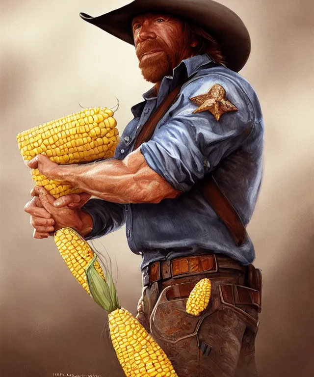 Image similar to chuck norris, cinematic, wearing a cowboy hat, holding a giant corn, elegant, highly detailed, digital painting, artstation, smooth, hard focus, illustration, art by jessica rossier and and brian froud