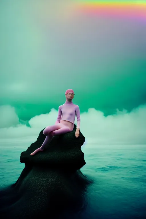 Image similar to high quality pastel coloured film close up wide angle photograph of a model wearing clothing swimming on cloud furniture in a icelandic black rock!! environment in a partially haze filled dreamstate world. three point light, rainbow. photographic production. art directed. pastel colours. volumetric clouds. pastel gradient overlay. waves glitch artefacts. extreme facial clarity. 8 k. filmic.