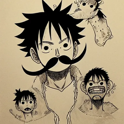 Image similar to [ luffy mustache ] ( by kim jung gi ) ( by george morikawa ) ( by eiichiro oda )