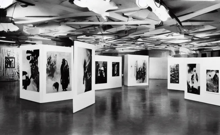 Prompt: an _ exhibition _ space _ with _ ethnographic _ objects _ on _ display _ 6 0 s _ offset _ lithography _ black _ white _ 8 _ k