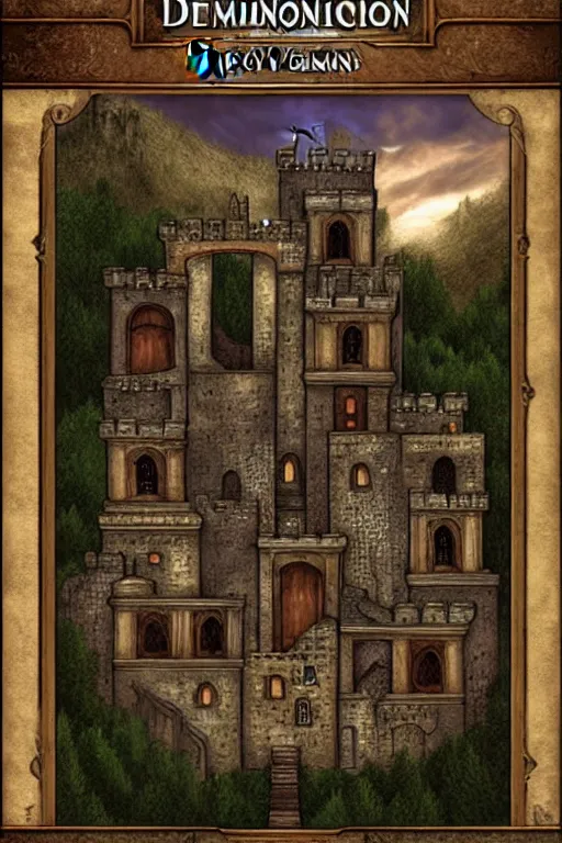 Image similar to dominion eurogame card showing a rustic castle. fantasy deviantart