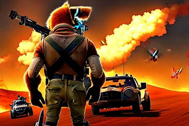 Image similar to nick wilde, heavily armed and armored facing down armageddon in a dark and gritty reboot from the makers of mad max : fury road : witness me