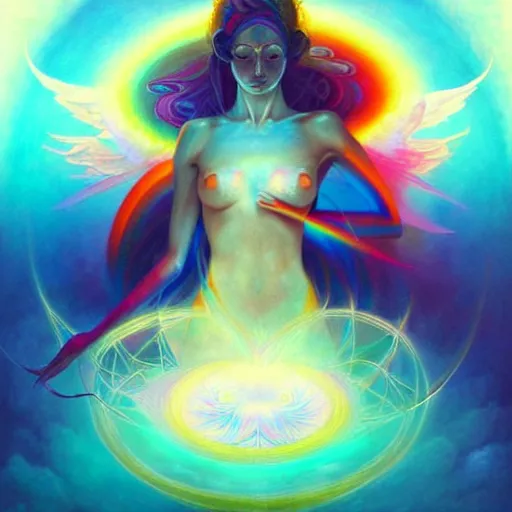 Image similar to psychedelic angelic celestial being artwork of peter mohrbacher, ayahuasca, energy body, sacred geometry, esoteric art, rainbow colors, realist, abstract and surreal art styles with anime and cartoon influences divinity