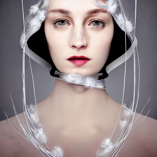 Prompt: a beautiful futuristic portrait with hat made by wires and gauze twisted around her face and cover, clear eyes, necklace made by wires, design by leonardo davinci, inspired by michael angelo, modern art, baroque, jewelry, new classic, hyper realistic, highly detailed, cinematic composition, cinematic lighting, fashion design, concept art, hdri, 4 k -