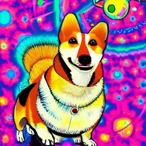 Prompt: psychedelic poster of a corgi cosmonaut