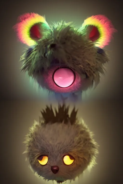 Image similar to 3 d model of adorable evil furry monster with glowing eyes by alexander jansson : 1 | centered, rainbow colored fur, matte background : 0. 9 | by jim henson : 0. 7 | dave melvin : 0. 4 | unreal engine, deviantart, artstation, octane, finalrender, concept art, hd, 8 k resolution : 0. 8