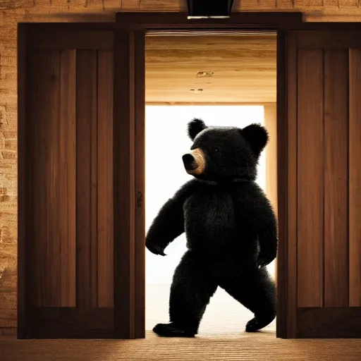 Image similar to dark photograph of a small bear mascot walking through a large wooden doorway