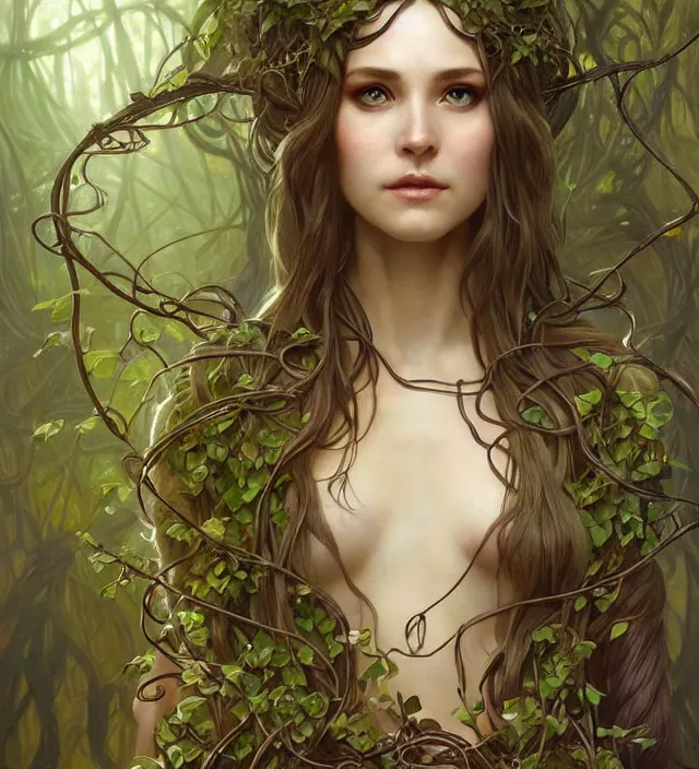 Image similar to a beautiful elven druid, clad in vines, intricate, sharp focus, defined face, tronie portrait, well drawn eyes, illustration, highly detailed, digital painting, concept art, matte, art by wlop and artgerm and greg rutkowski and alphonse mucha, masterpiece