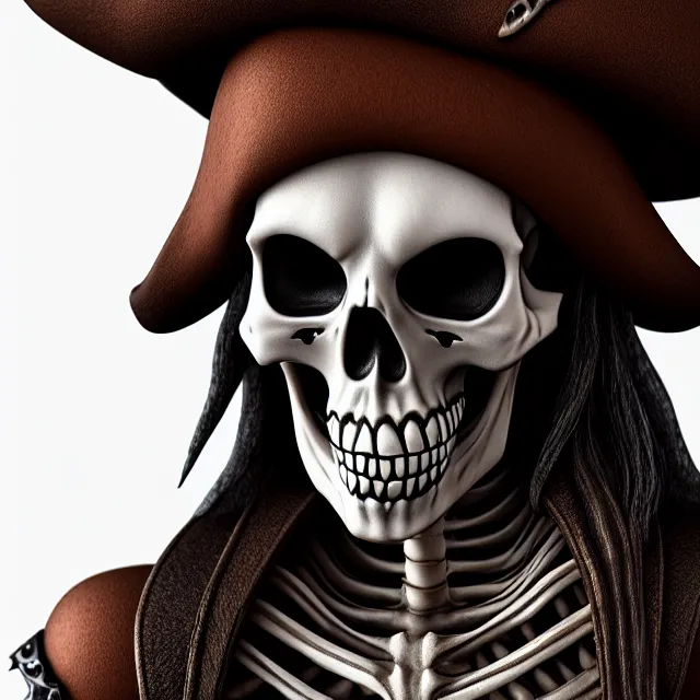 Prompt: skeleton pirate, artgerm, highly detailed, 8 k, hdr, close up, smooth, sharp focus, high resolution, award - winning photo