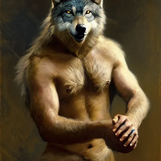 Image similar to a portrait of a furry wolf wearing a tshirt and pants, hairy, furry body, furry chest, furry arms, furry legs, tail. highly detailed painting by gaston bussiere, craig mullins, j. c. leyendecker, furry