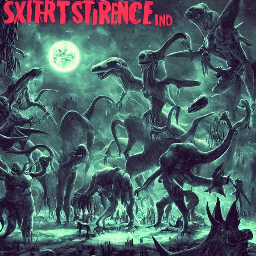 Prompt: extraterrestrial sprites, fairies, and dinosaurs. pulp science fiction. dark background